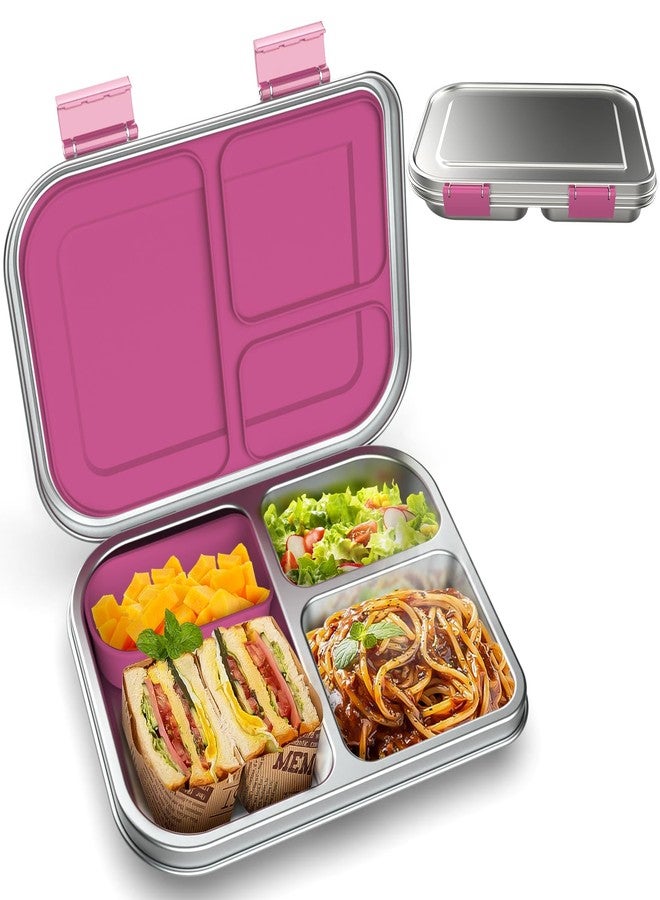 BOSEDSANG Stainless Steel Kids Leak-Resistant Bento Lunch Box, 3-Compartments with Silicone Container, Dishwasher-Safe, Child-Friendly Design for School, Picnics & Travel,BPA-Free(Pink) - Image 1
